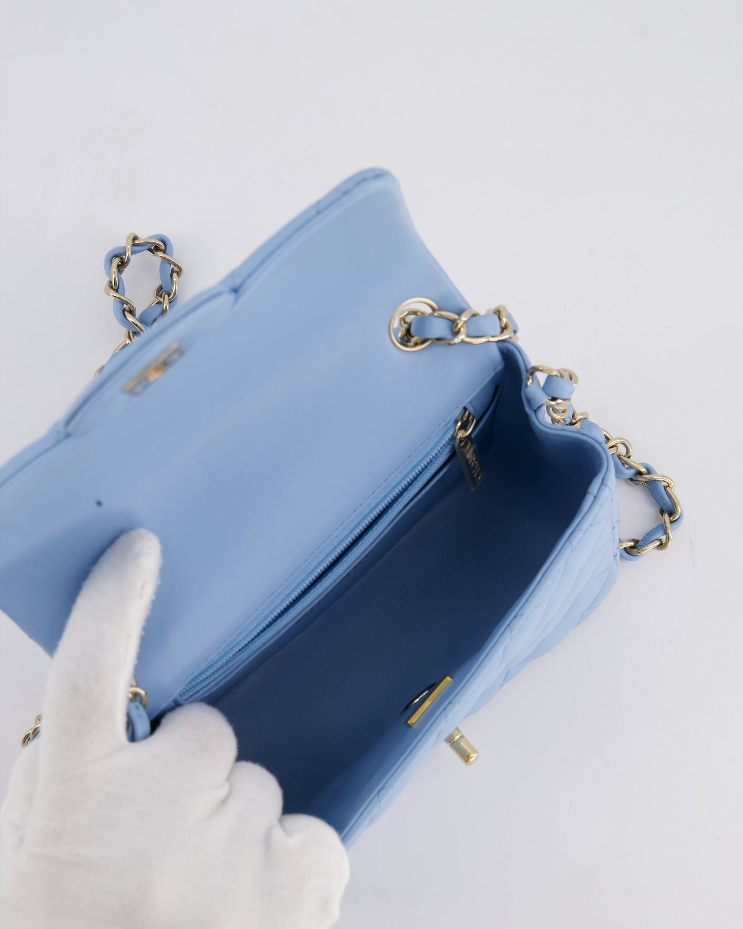 *HOT COLOUR* Chanel Sky Blue Mini Square Bag in Lambskin Leather with Champagne Hardware