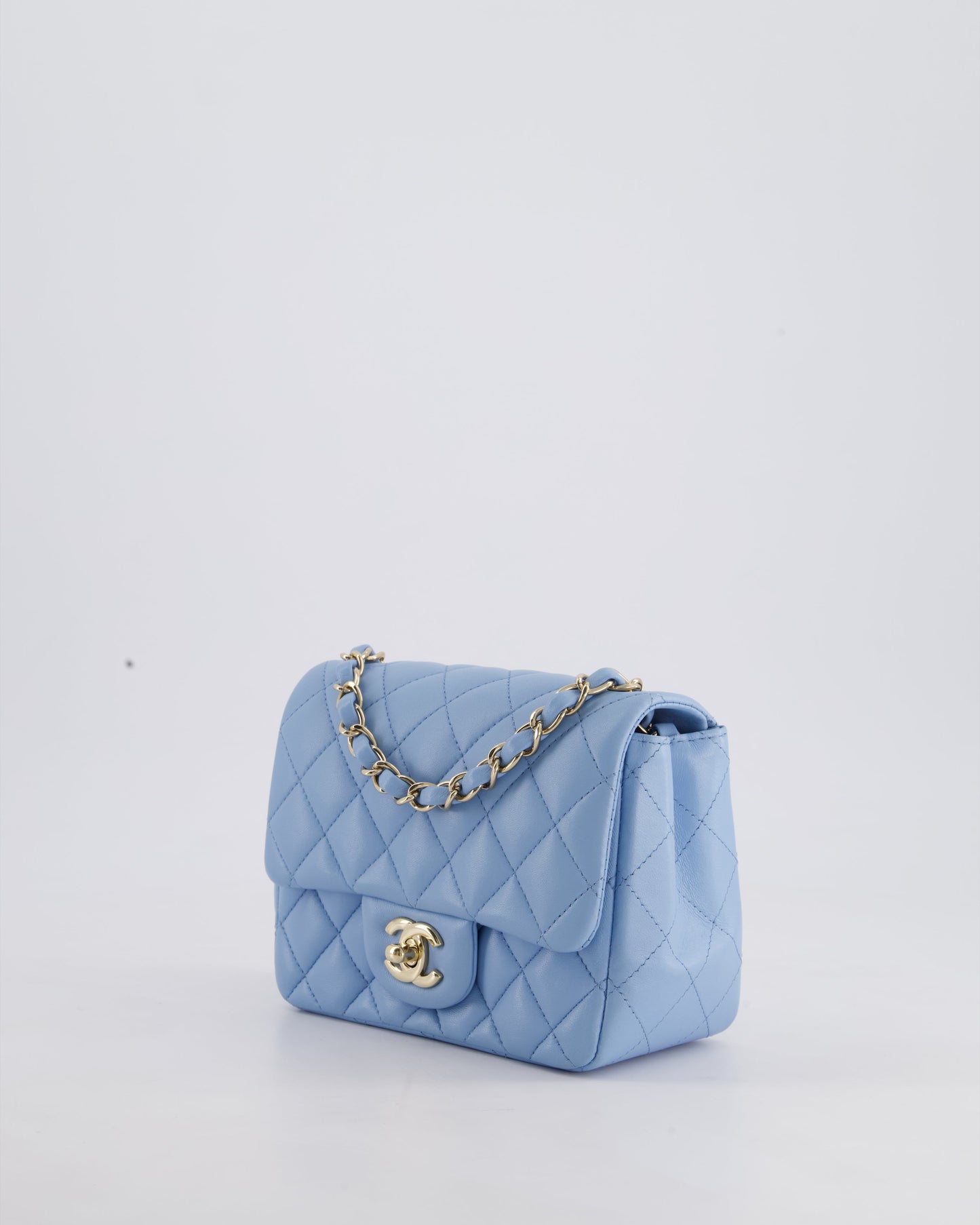 *HOT COLOUR* Chanel Sky Blue Mini Square Bag in Lambskin Leather with Champagne Hardware