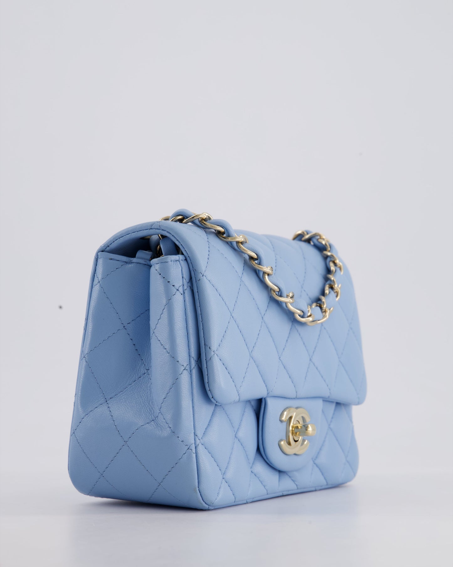 *HOT COLOUR* Chanel Sky Blue Mini Square Bag in Lambskin Leather with Champagne Hardware