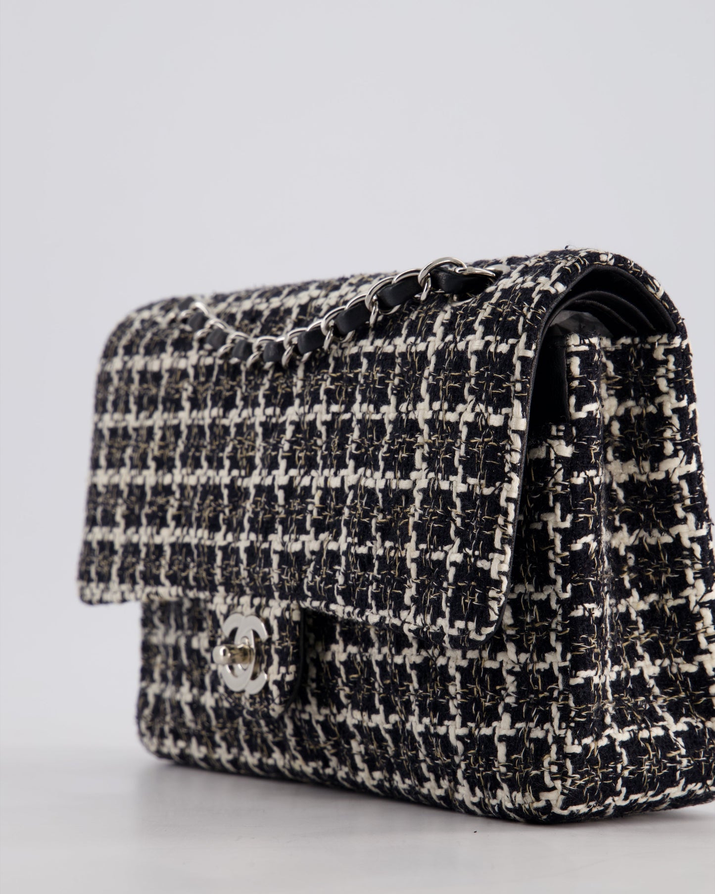 Chanel Medium Classic Double Flap Bag in Black and White Tweed with Silver Hardware