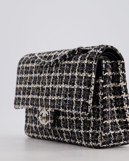 Chanel Medium Classic Double Flap Bag in Black and White Tweed with Silver Hardware