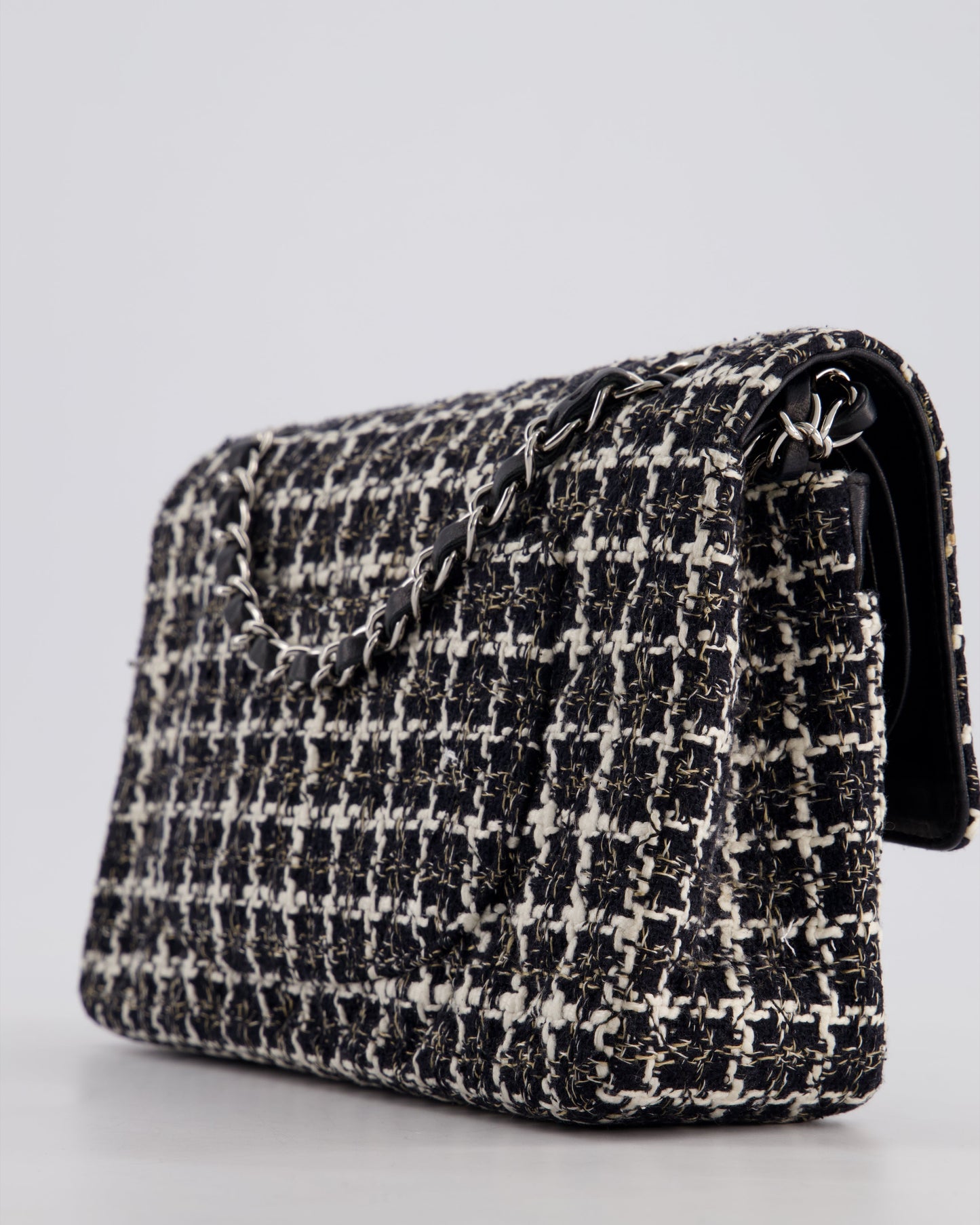 Chanel Medium Classic Double Flap Bag in Black and White Tweed with Silver Hardware
