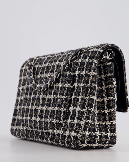 Chanel Medium Classic Double Flap Bag in Black and White Tweed with Silver Hardware