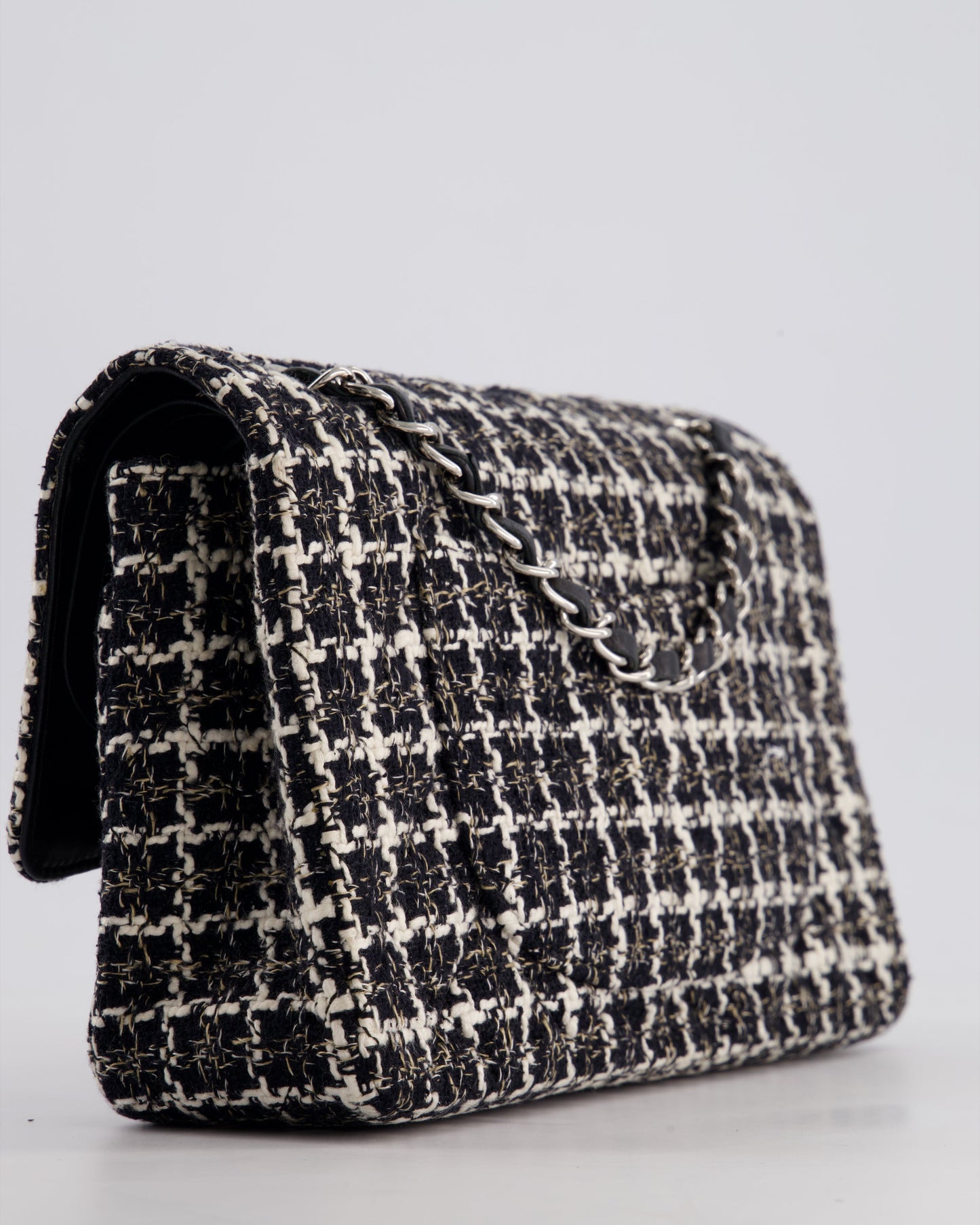 Chanel Medium Classic Double Flap Bag in Black and White Tweed with Silver Hardware