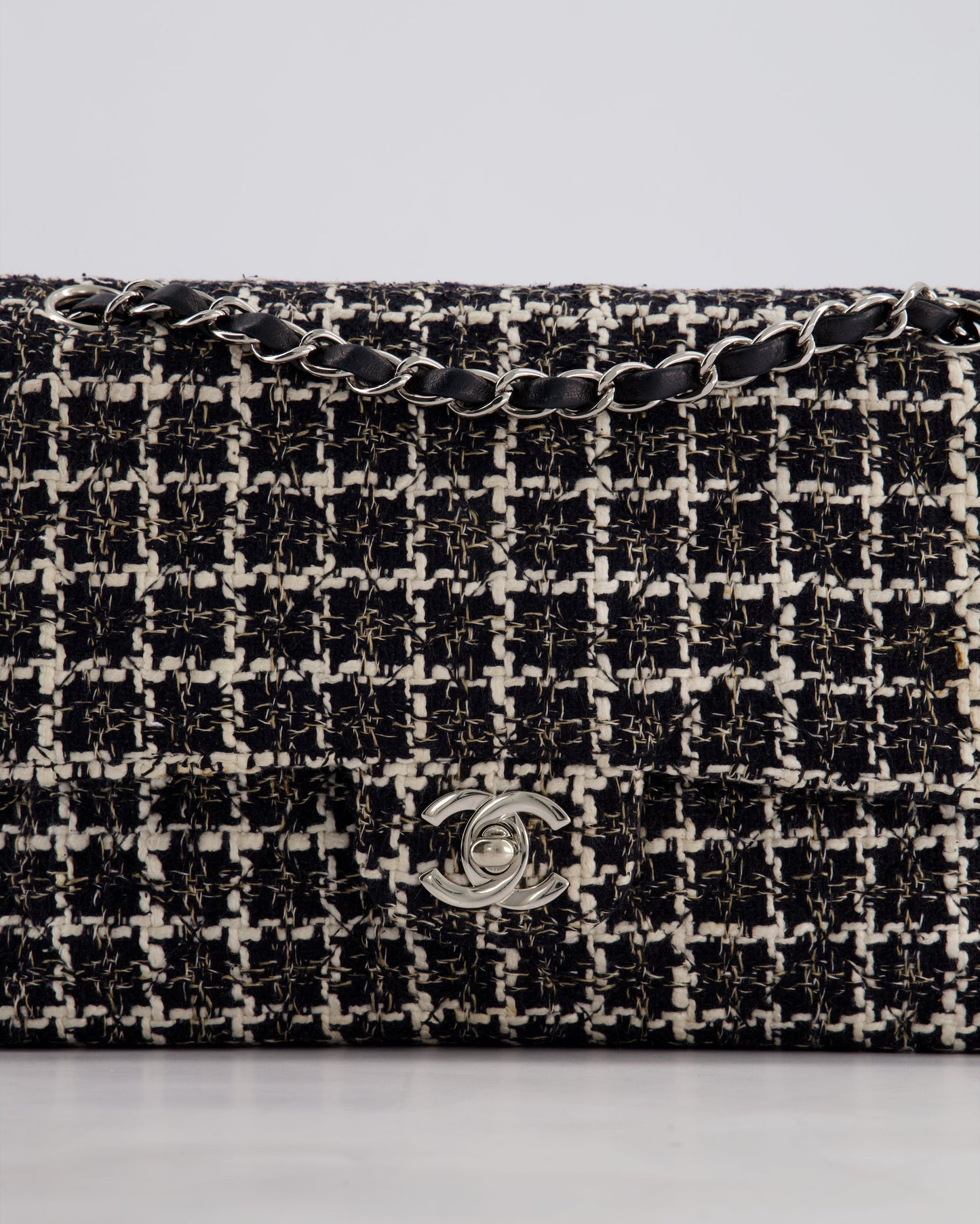 Chanel Medium Classic Double Flap Bag in Black and White Tweed with Silver Hardware