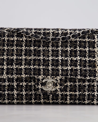 Chanel Medium Classic Double Flap Bag in Black and White Tweed with Silver Hardware