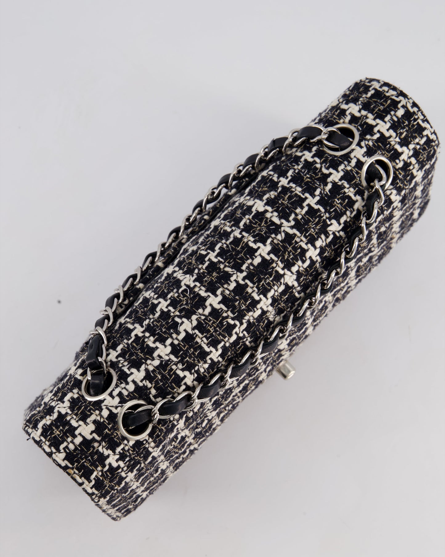 Chanel Medium Classic Double Flap Bag in Black and White Tweed with Silver Hardware