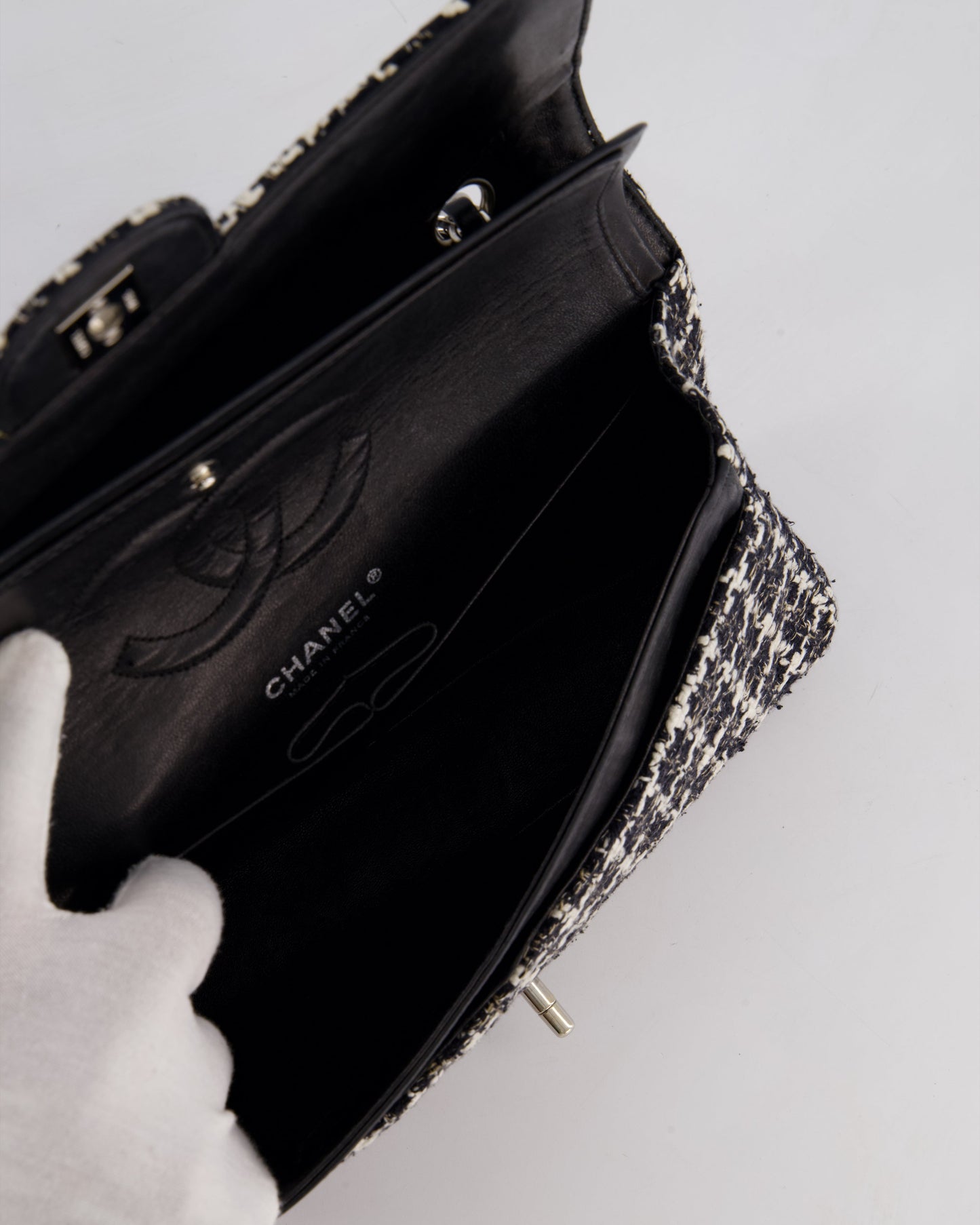 Chanel Medium Classic Double Flap Bag in Black and White Tweed with Silver Hardware