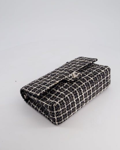 Chanel Medium Classic Double Flap Bag in Black and White Tweed with Silver Hardware