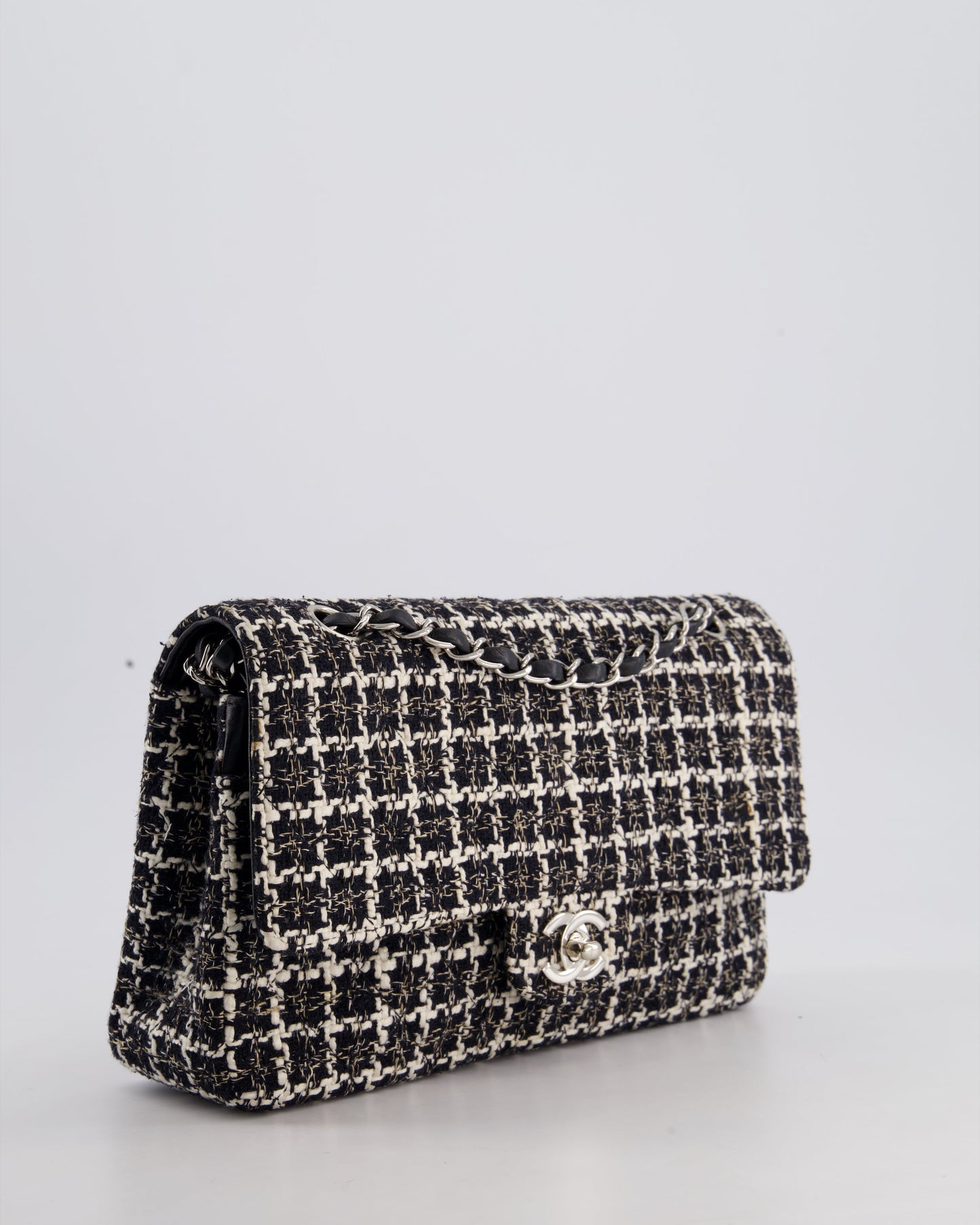 Chanel Medium Classic Double Flap Bag in Black and White Tweed with Silver Hardware
