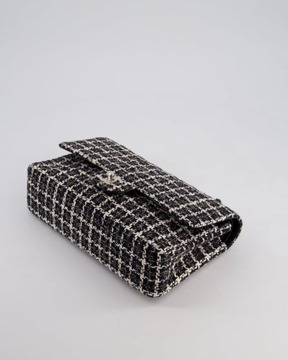 Chanel Medium Classic Double Flap Bag in Black and White Tweed with Silver Hardware