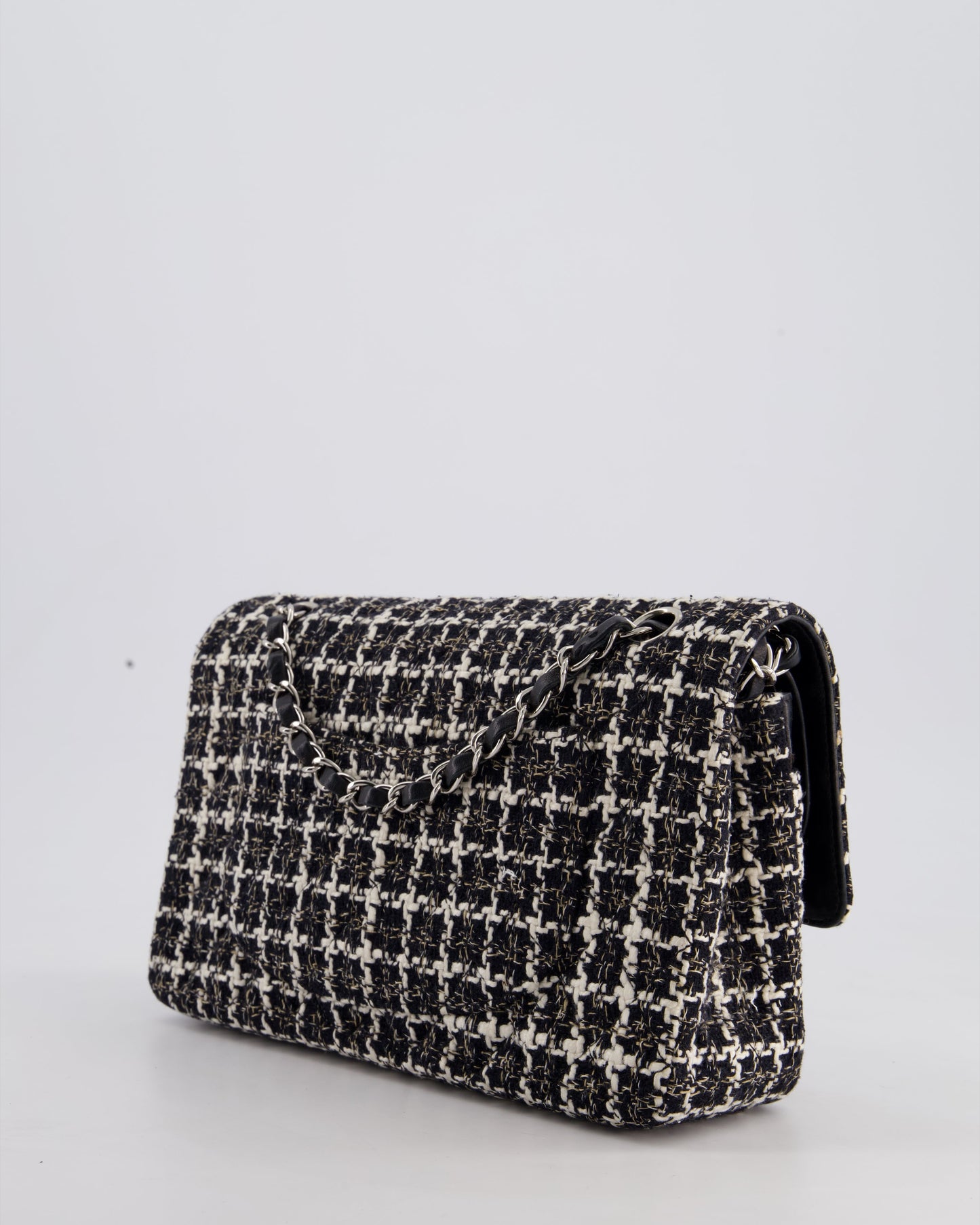 Chanel Medium Classic Double Flap Bag in Black and White Tweed with Silver Hardware