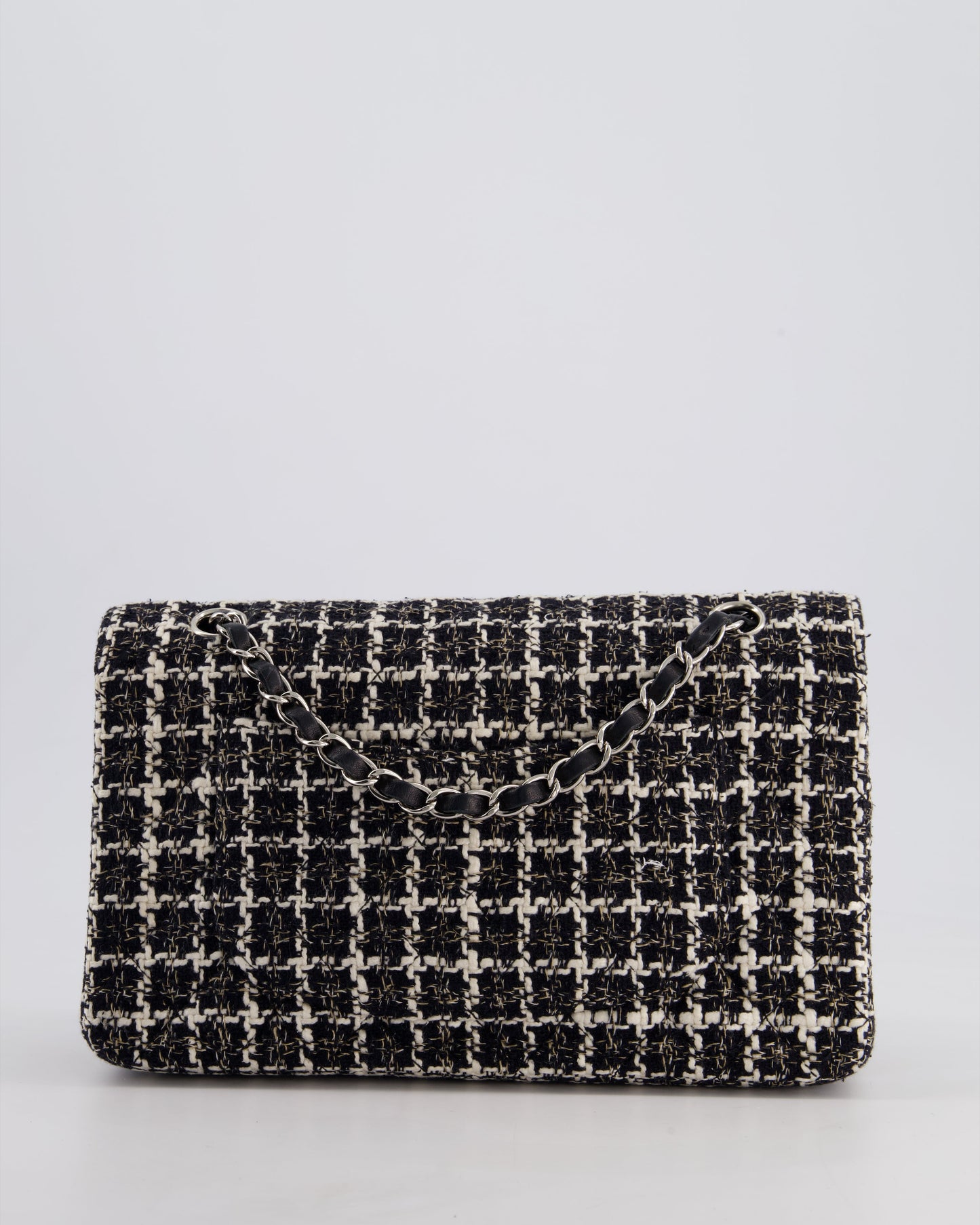Chanel Medium Classic Double Flap Bag in Black and White Tweed with Silver Hardware