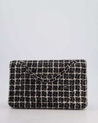 Chanel Medium Classic Double Flap Bag in Black and White Tweed with Silver Hardware