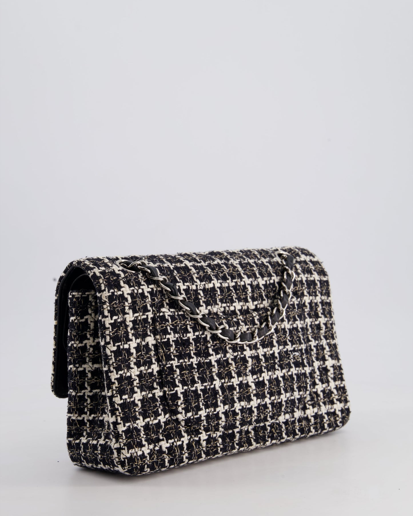 Chanel Medium Classic Double Flap Bag in Black and White Tweed with Silver Hardware