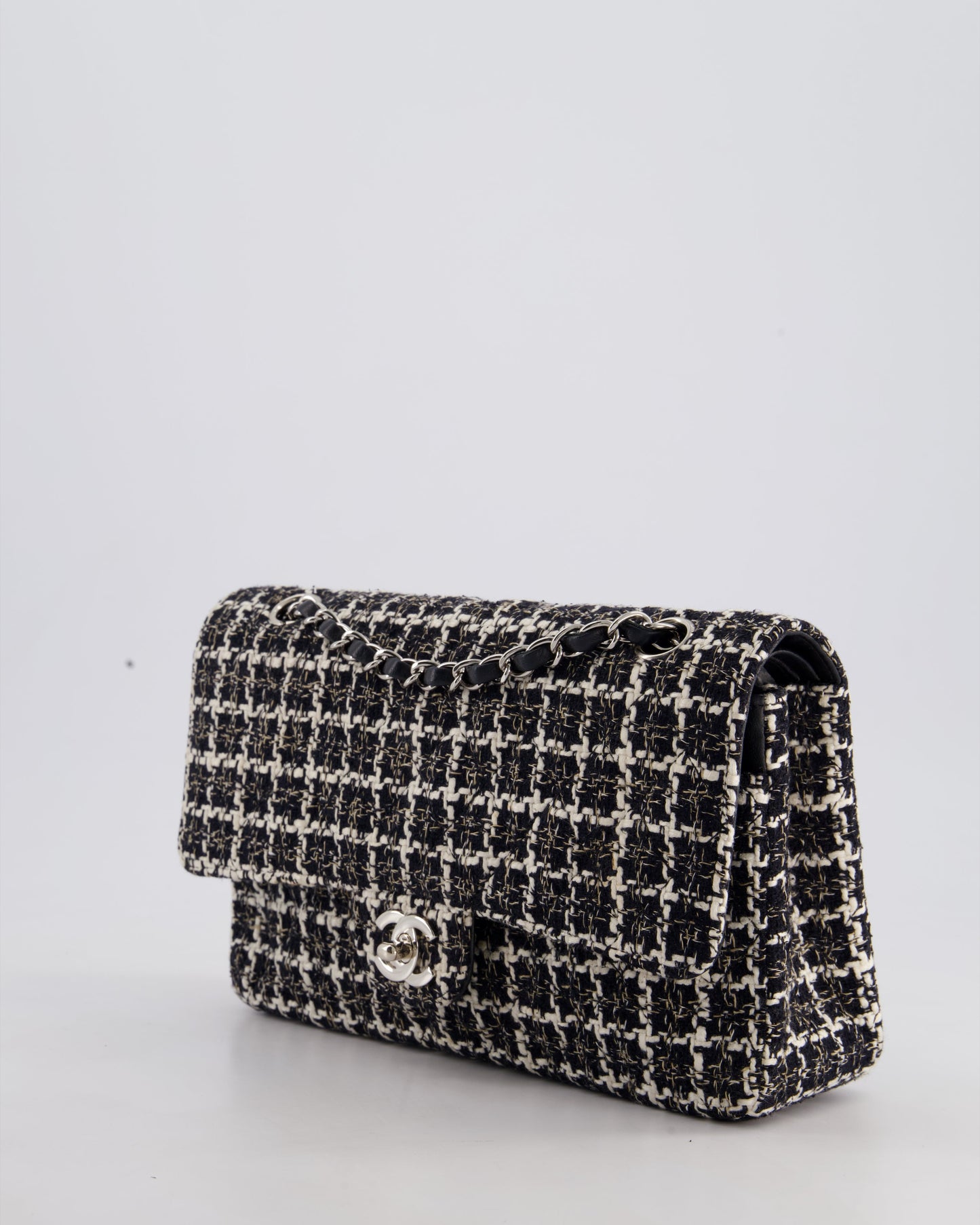 Chanel Medium Classic Double Flap Bag in Black and White Tweed with Silver Hardware
