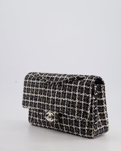 Chanel Medium Classic Double Flap Bag in Black and White Tweed with Silver Hardware