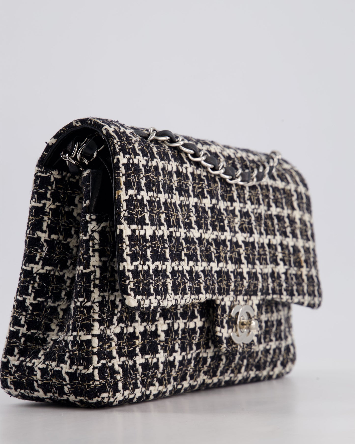Chanel Medium Classic Double Flap Bag in Black and White Tweed with Silver Hardware