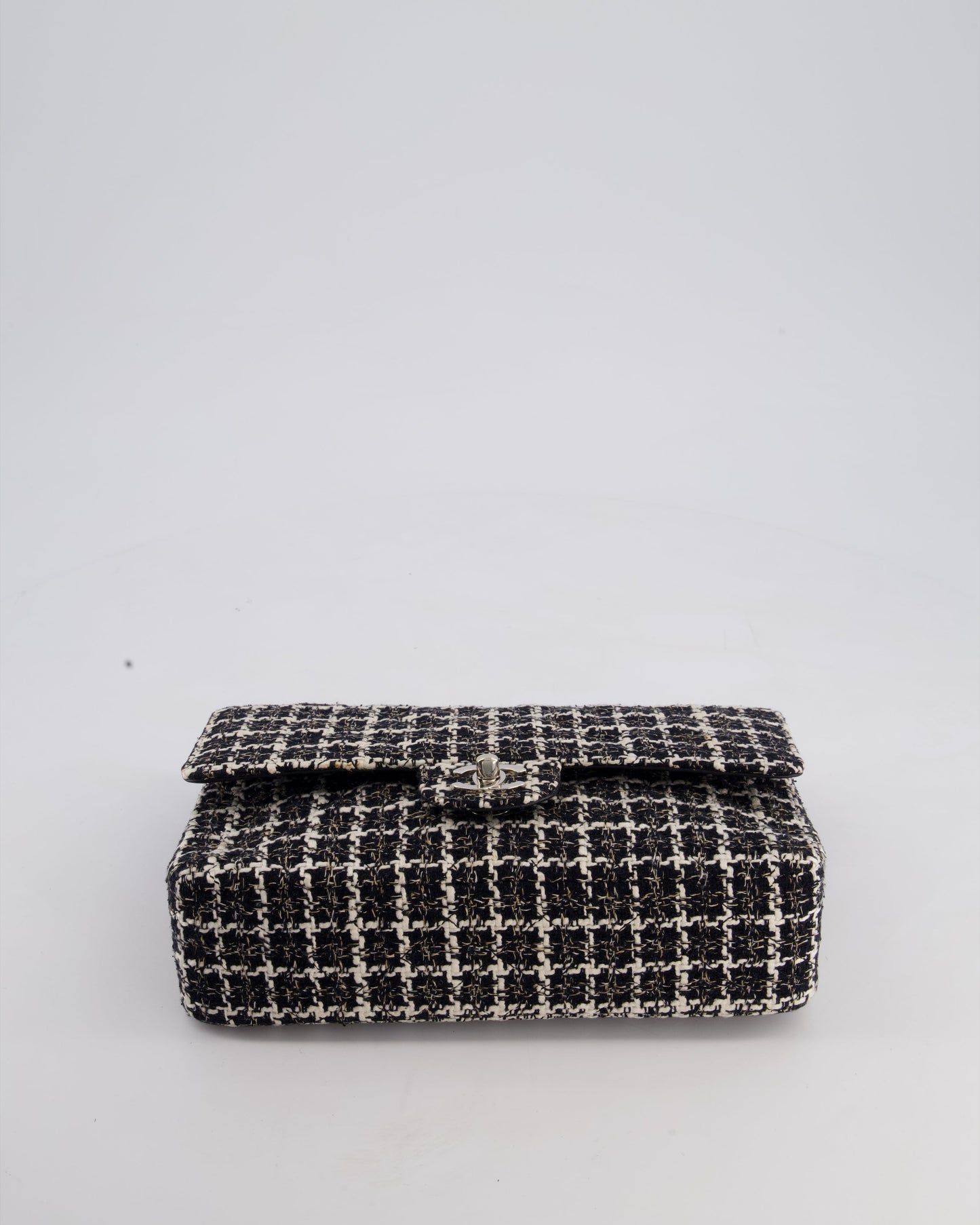 Chanel Medium Classic Double Flap Bag in Black and White Tweed with Silver Hardware
