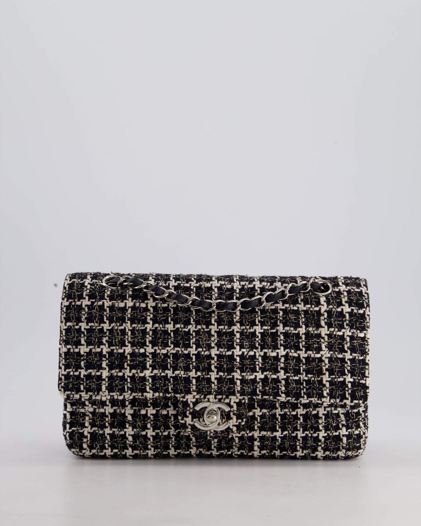 Chanel Medium Classic Double Flap Bag in Black and White Tweed with Silver Hardware