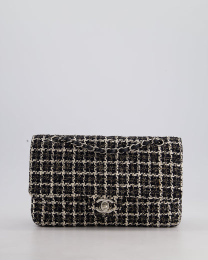 Chanel Medium Classic Double Flap Bag in Black and White Tweed with Silver Hardware
