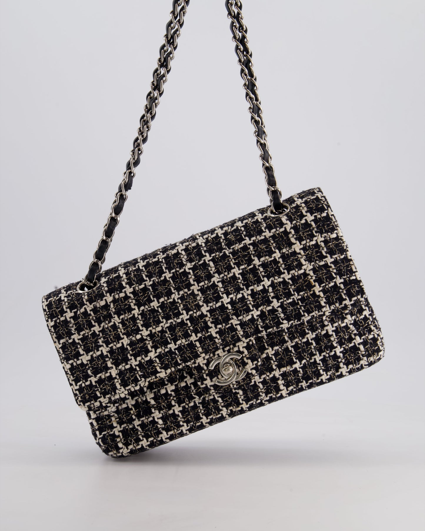 Chanel Medium Classic Double Flap Bag in Black and White Tweed with Silver Hardware
