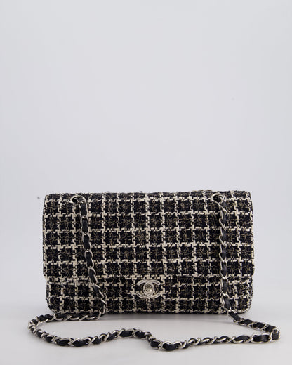 Chanel Medium Classic Double Flap Bag in Black and White Tweed with Silver Hardware