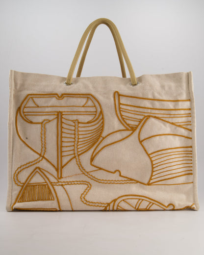 Hermes Beige Embroidered Thalassa Beach Tote Bag