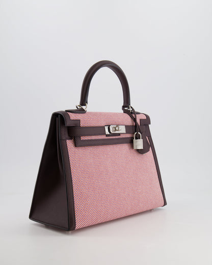 Hermès Kelly Sellier Bag 28cm in Ecru & Red Toile Quadrille with Rouge Sellier Swift Leather and Palladium Hardware