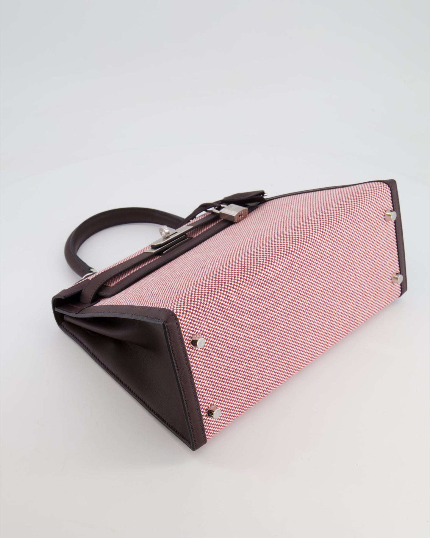 Hermès Kelly Sellier Bag 28cm in Ecru & Red Toile Quadrille with Rouge Sellier Swift Leather and Palladium Hardware