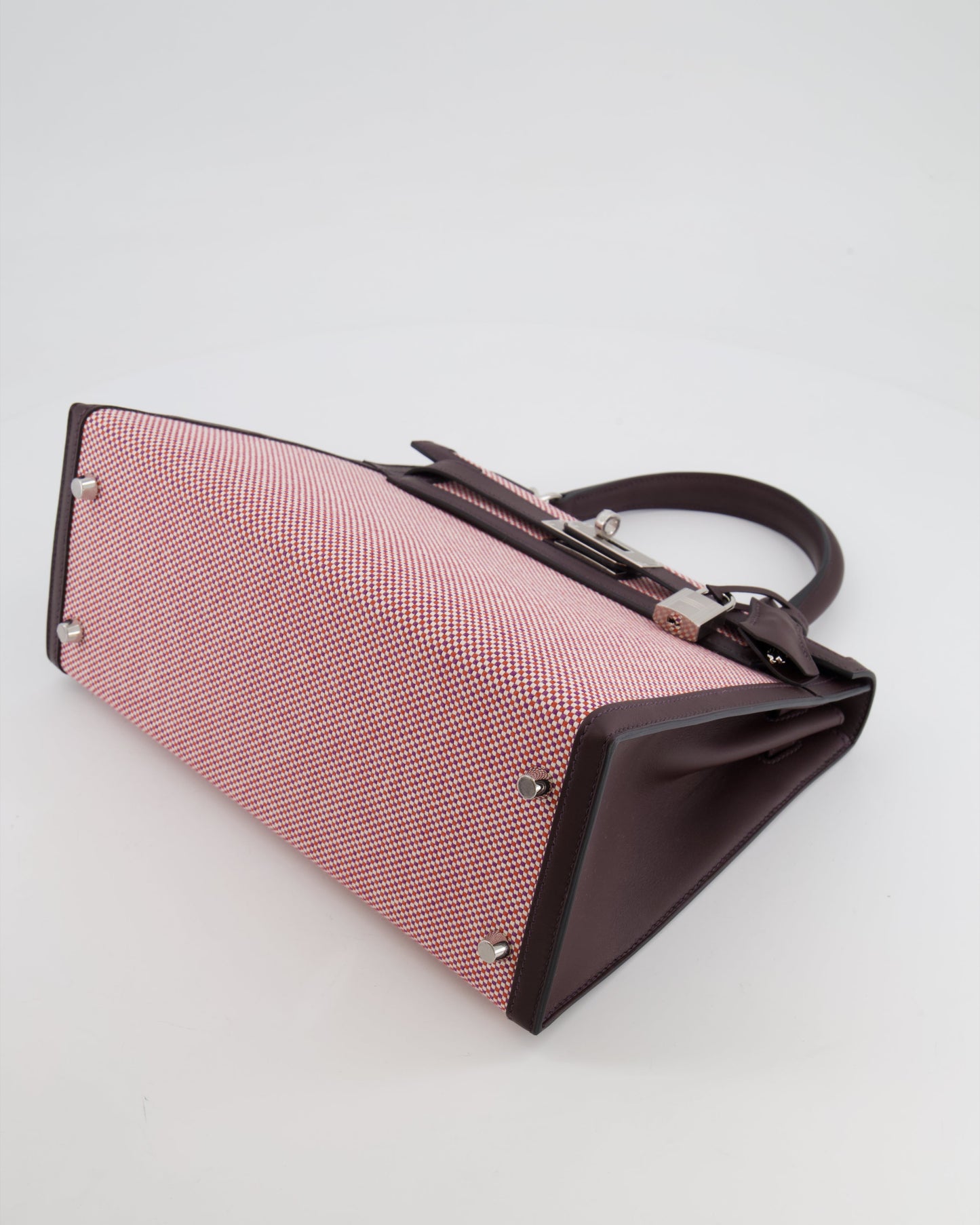 Hermès Kelly Sellier Bag 28cm in Ecru & Red Toile Quadrille with Rouge Sellier Swift Leather and Palladium Hardware