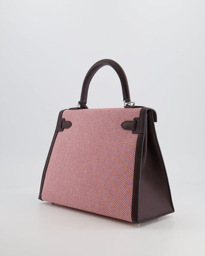 Hermès Kelly Sellier Bag 28cm in Ecru & Red Toile Quadrille with Rouge Sellier Swift Leather and Palladium Hardware