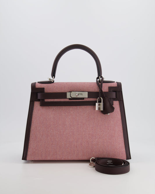 Hermès Kelly Sellier Bag 28cm in Ecru & Red Toile Quadrille with Rouge Sellier Swift Leather and Palladium Hardware