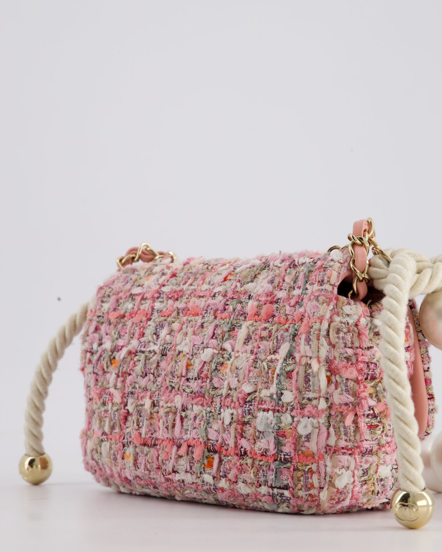 Chanel Pink Tweed Mini Rectangular Bag with Pearl Rope Handle and Champagne Gold Hardware