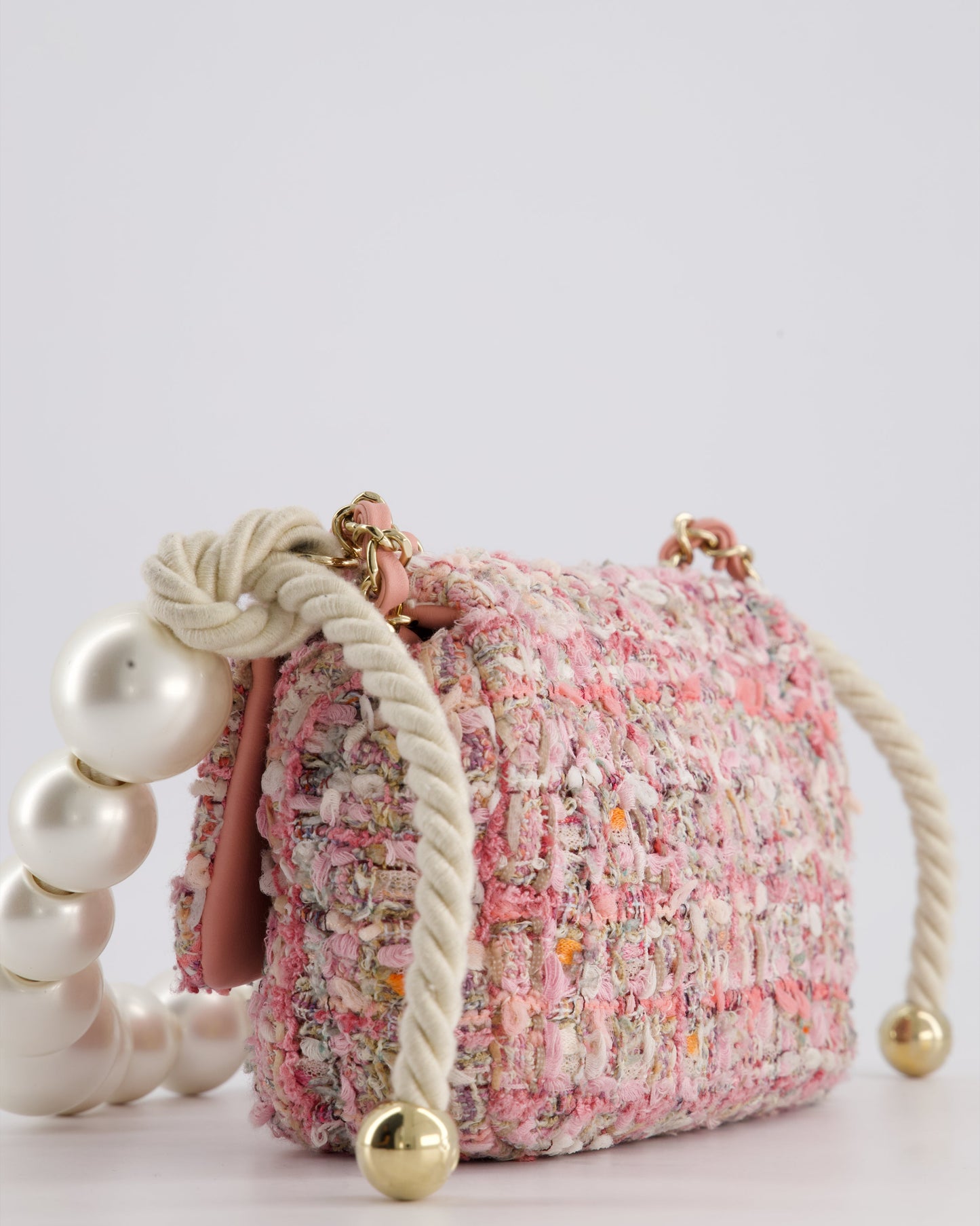 Chanel Pink Tweed Mini Rectangular Bag with Pearl Rope Handle and Champagne Gold Hardware