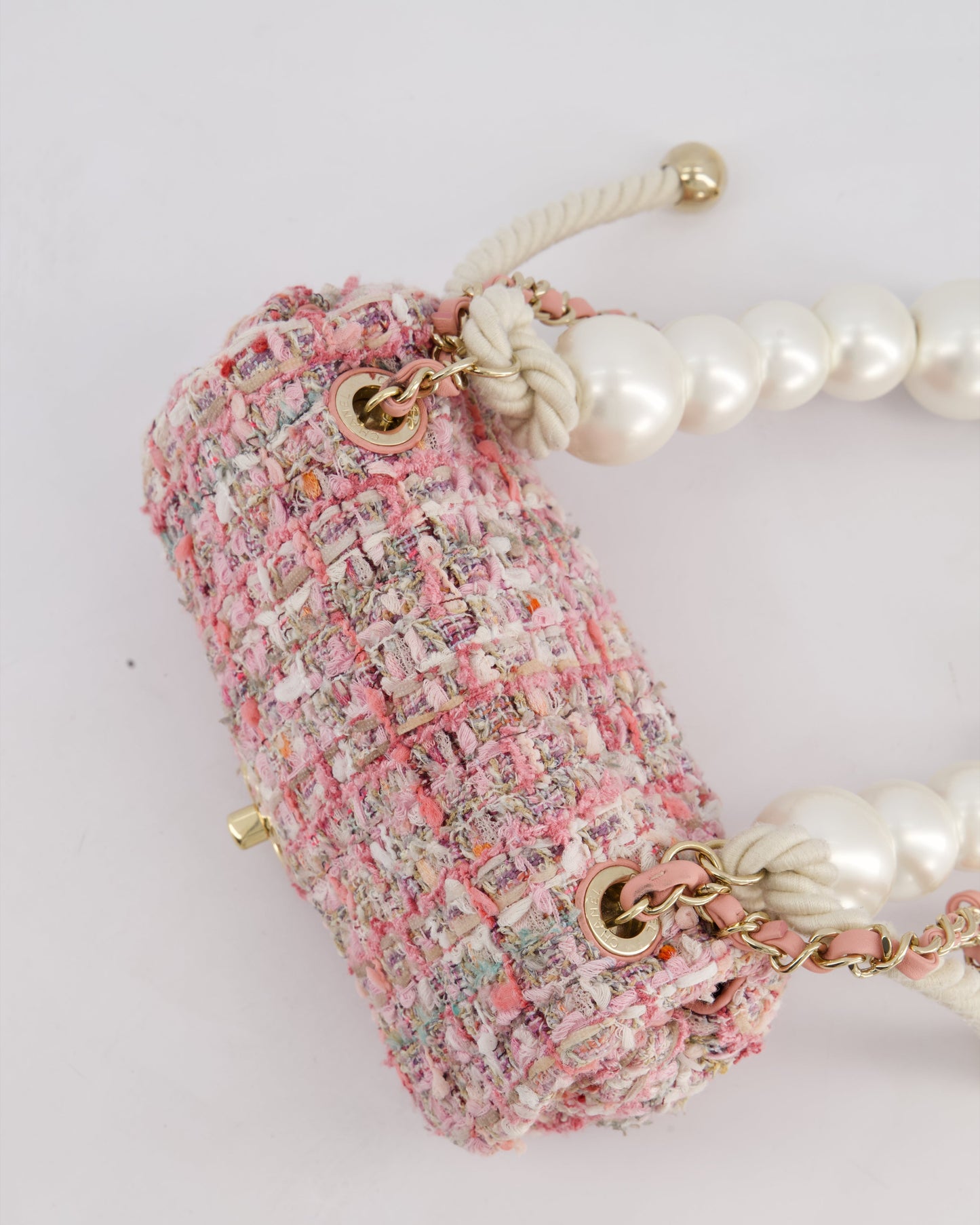 Chanel Pink Tweed Mini Rectangular Bag with Pearl Rope Handle and Champagne Gold Hardware