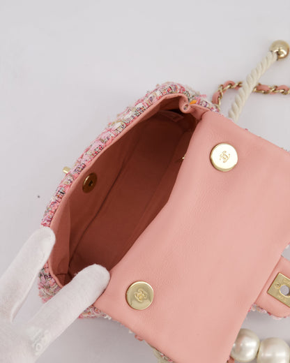 Chanel Pink Tweed Mini Rectangular Bag with Pearl Rope Handle and Champagne Gold Hardware