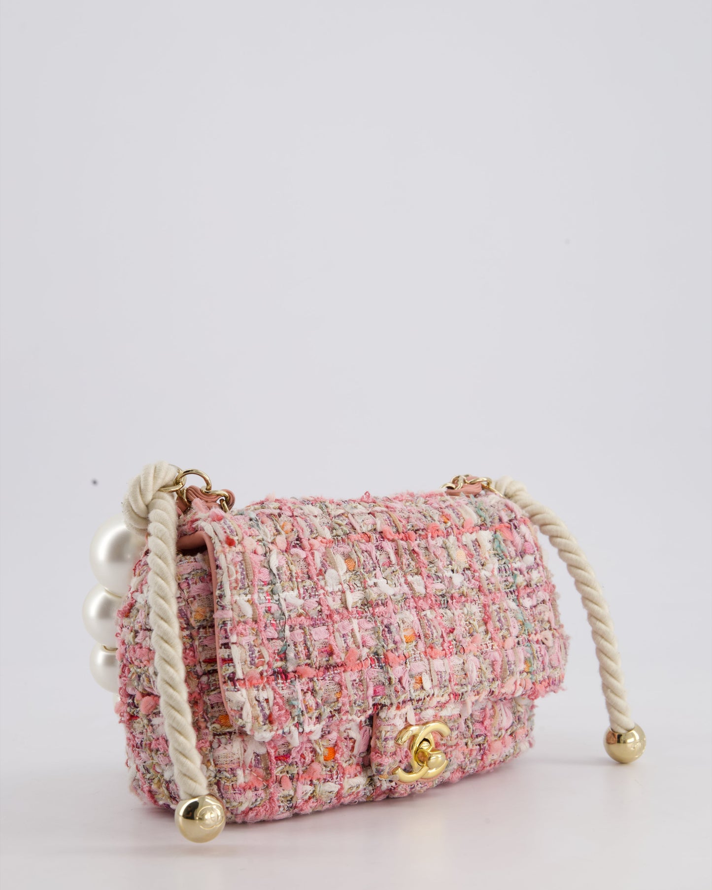 Chanel Pink Tweed Mini Rectangular Bag with Pearl Rope Handle and Champagne Gold Hardware