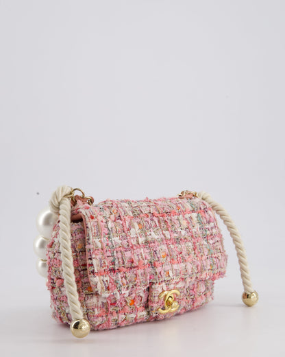 Chanel Pink Tweed Mini Rectangular Bag with Pearl Rope Handle and Champagne Gold Hardware