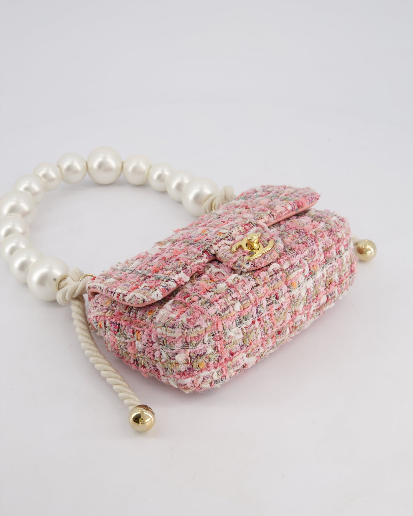 Chanel Pink Tweed Mini Rectangular Bag with Pearl Rope Handle and Champagne Gold Hardware