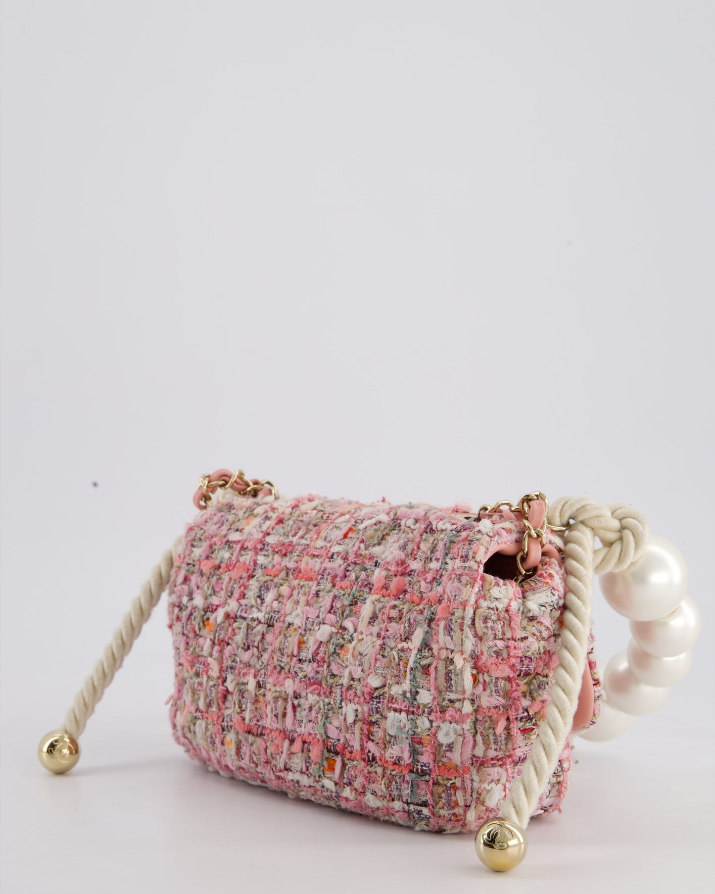 Chanel Pink Tweed Mini Rectangular Bag with Pearl Rope Handle and Champagne Gold Hardware