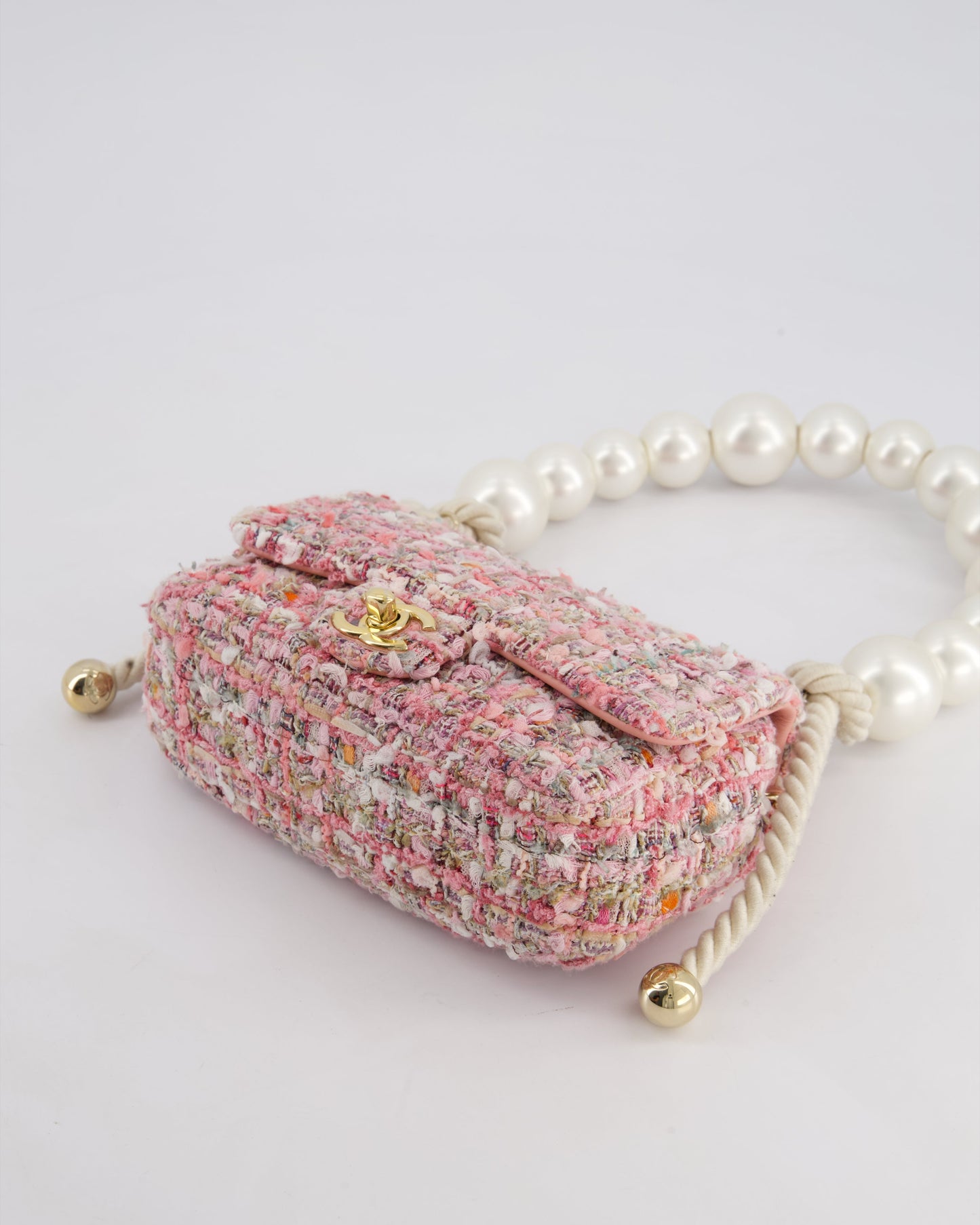 Chanel Pink Tweed Mini Rectangular Bag with Pearl Rope Handle and Champagne Gold Hardware