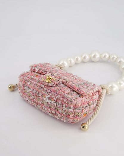 Chanel Pink Tweed Mini Rectangular Bag with Pearl Rope Handle and Champagne Gold Hardware