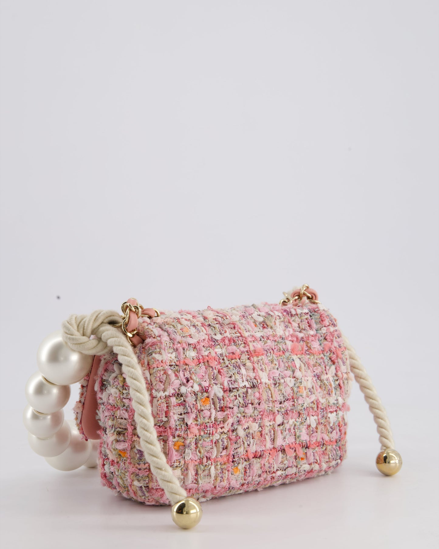 Chanel Pink Tweed Mini Rectangular Bag with Pearl Rope Handle and Champagne Gold Hardware