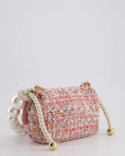 Chanel Pink Tweed Mini Rectangular Bag with Pearl Rope Handle and Champagne Gold Hardware
