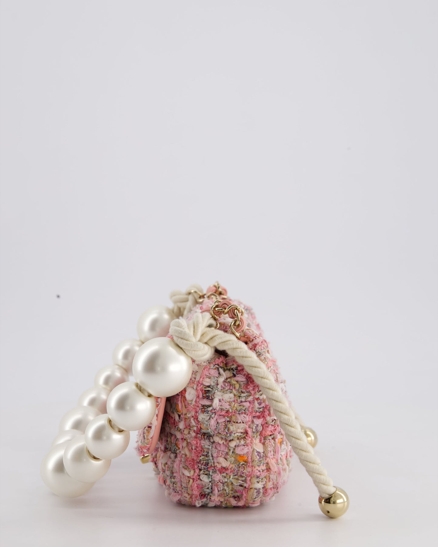 Chanel Pink Tweed Mini Rectangular Bag with Pearl Rope Handle and Champagne Gold Hardware
