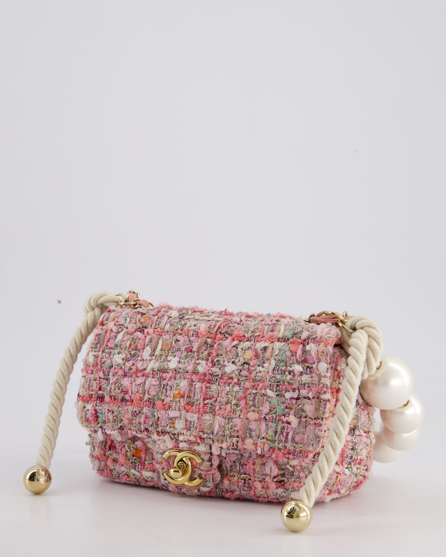 Chanel Pink Tweed Mini Rectangular Bag with Pearl Rope Handle and Champagne Gold Hardware