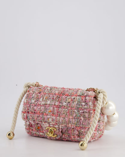 Chanel Pink Tweed Mini Rectangular Bag with Pearl Rope Handle and Champagne Gold Hardware