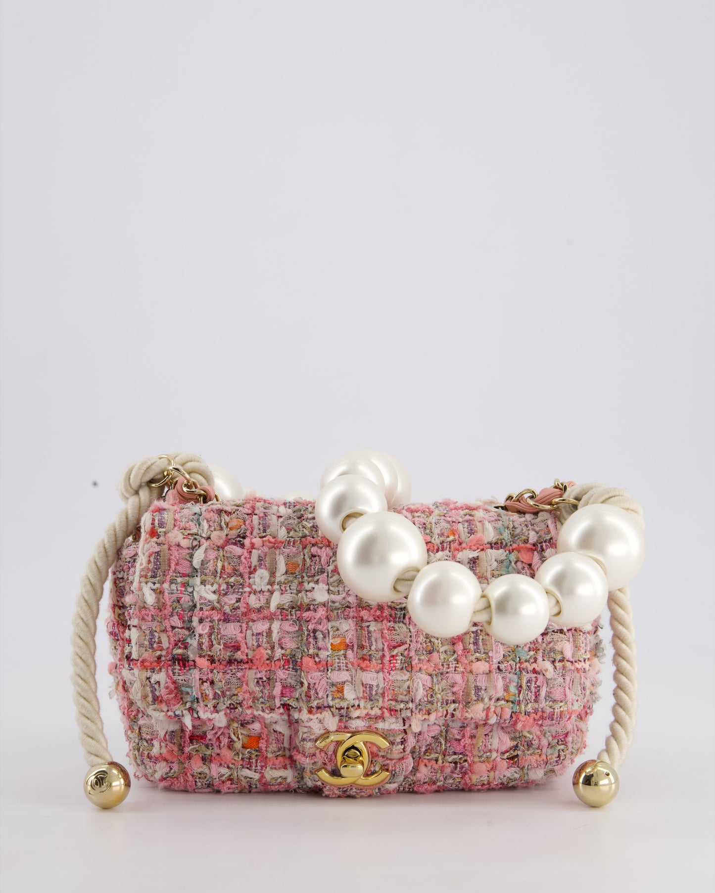 Chanel Pink Tweed Mini Rectangular Bag with Pearl Rope Handle and Champagne Gold Hardware