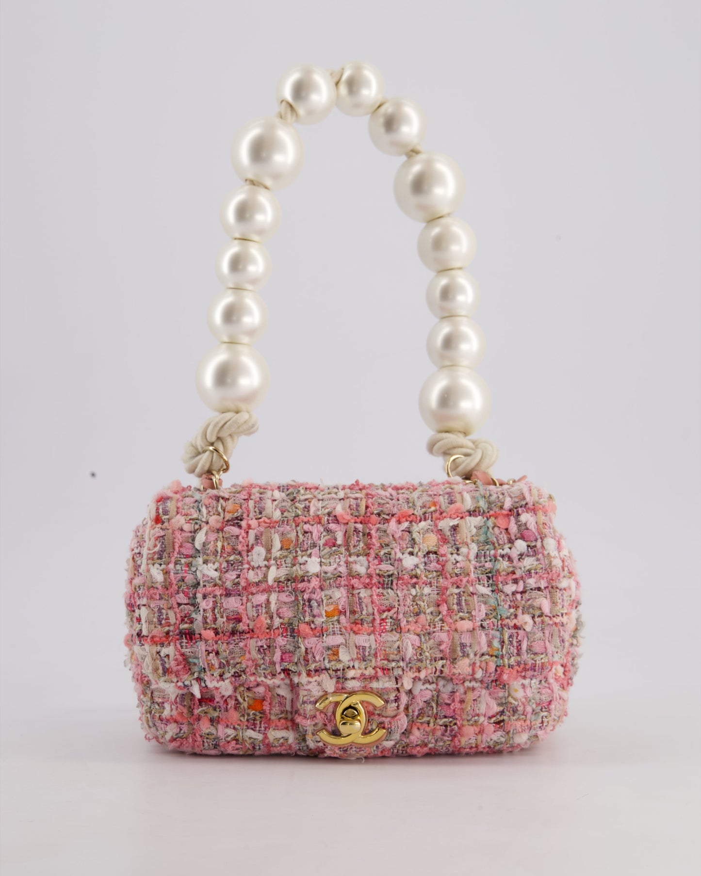 Chanel Pink Tweed Mini Rectangular Bag with Pearl Rope Handle and Champagne Gold Hardware